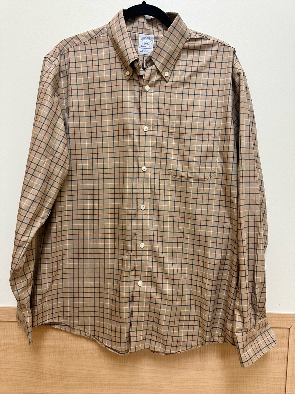 Brooks Brothers Men's Tan and Navy Plaid Button-Down Shirt